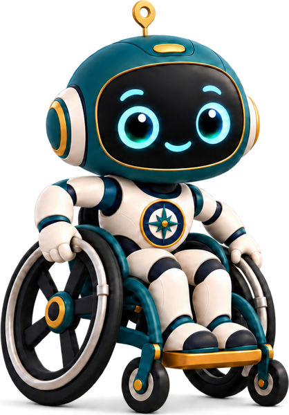 Atlas, the Rolling Atlas mascot: a friendly robot traveler with big eyes, sitting in a teal wheelchair